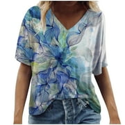 Ruimatai Summer Women Shirt Clearance Women's Fashion Casual Plus Size Scenic Flowers Printing Round Neck T-Shirt Tops