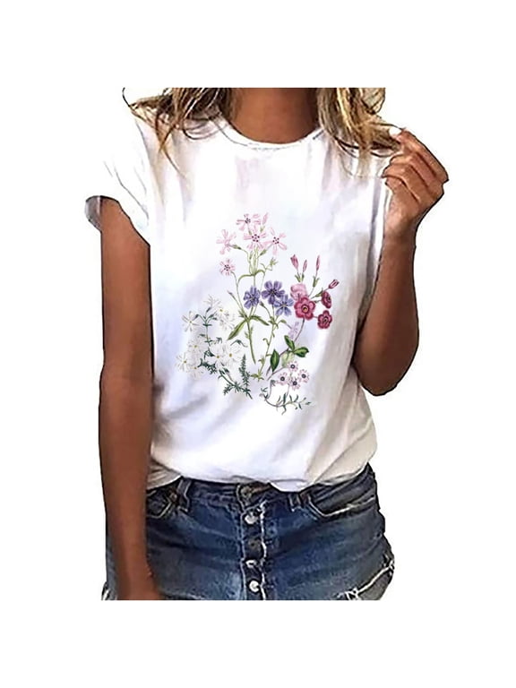 Summer Short Sleeve T Shirt for Women Casual Sunflower Print Top Ladies ...