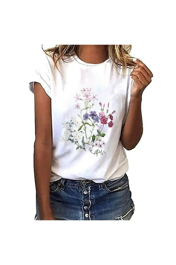 Summer Women Shirt Women's Fashion Floral Plant Print Female Round Neck Loose T-Shirt