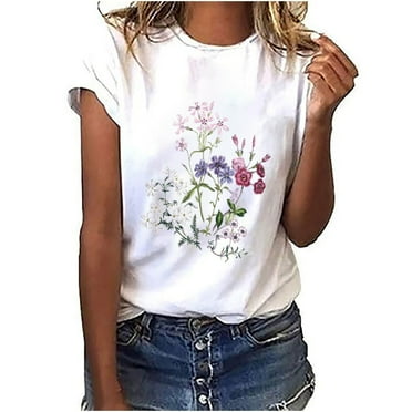 Ruimatai Summer Women Shirt Clearance Women's Fashion Floral Print Female Round Neck Loose T-Shirt