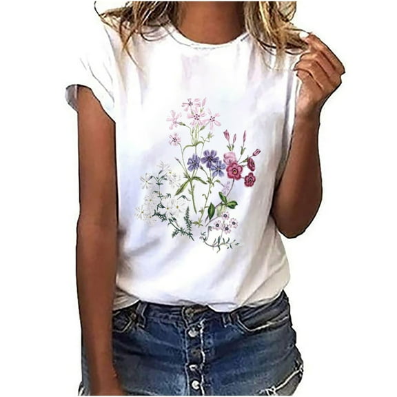 Ruimatai Summer Women Shirt Women's Fashion Floral Print Female Round Neck Loose T-Shirt