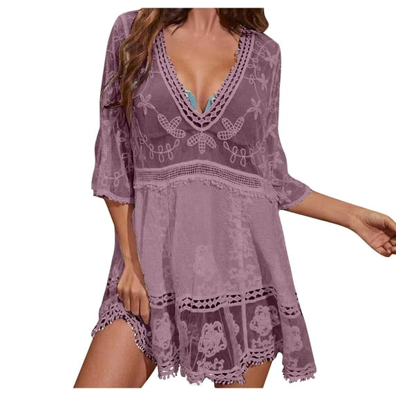 Ruimatai Swim Cover Ups for Women Plus Size Womens Cover Up Dress Clearance Fashion Round Neck Short Sleeve Loose Hollowed Out Beach Swimsuit Blouse