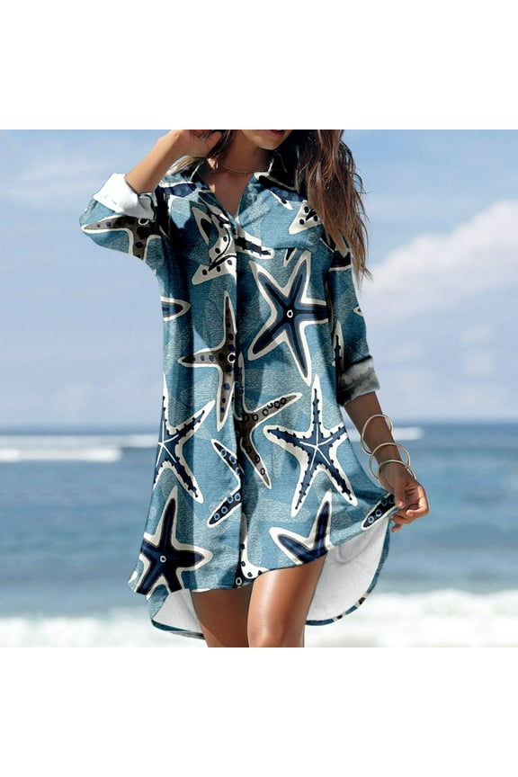 Swimsuit Cover Up Plus Size Womens Tops Summer Casual Turn-down Collar Long Sleeve Printed Smock Buttons With Pocket Shirt Dresses