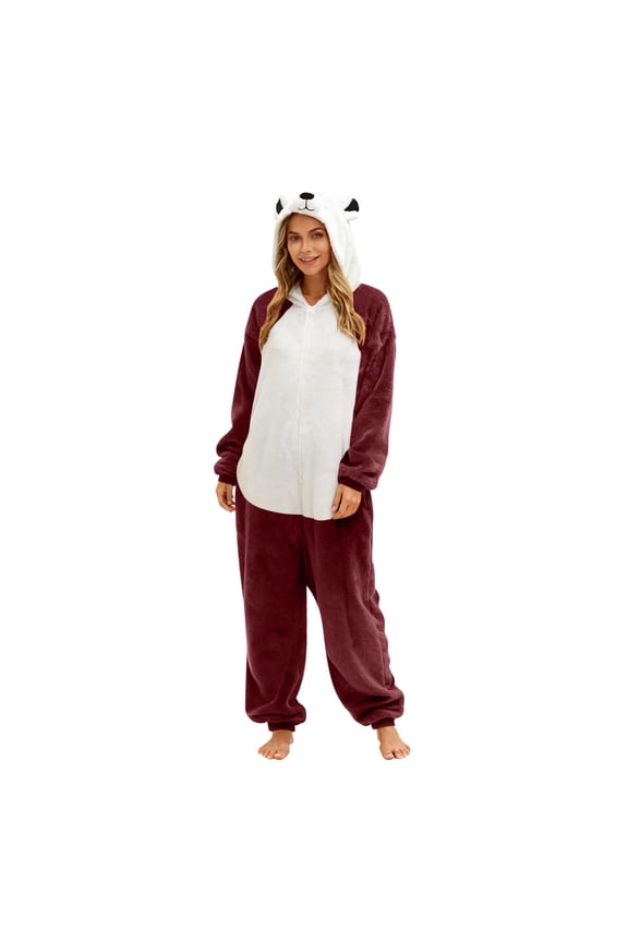 Unisex Adult Bear Hooded Onesie Pajamas Winter Warm Fluffy Loose Funny Sleepwear with Pockets for Cozy Comfort