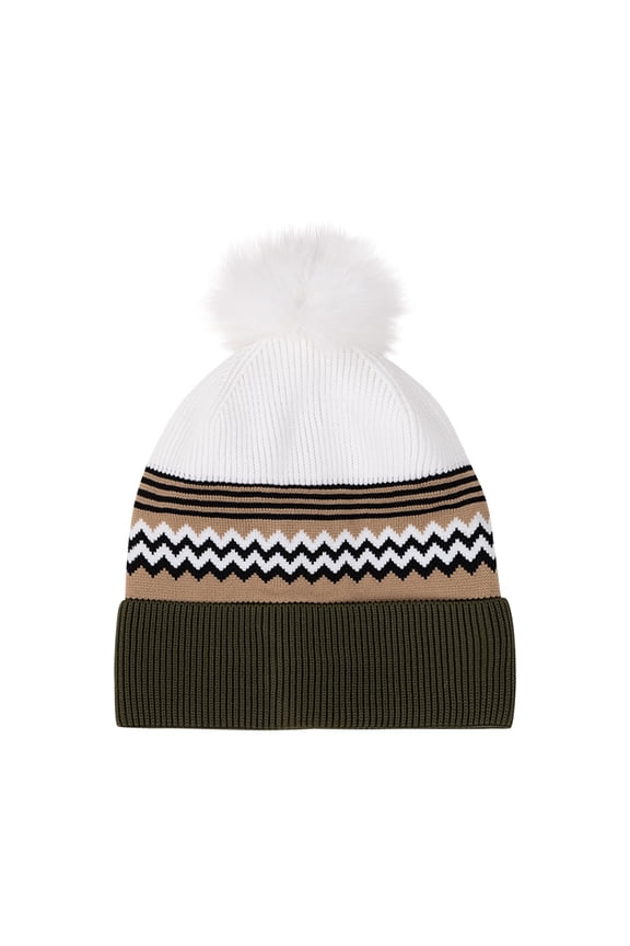 Unisex Adult Winter Knit Hat with Pom Pom Color Block Large Size Warm Soft Polyester Beanie for Men Women