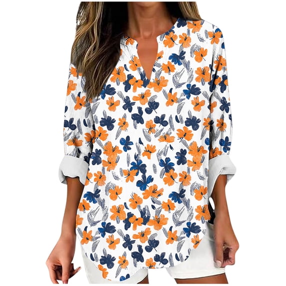 Ruimatai V-Neck Printed Blouse For Women Casual Long Sleeve T-Shirt Soft Loose Fit Tops For Daily Wear