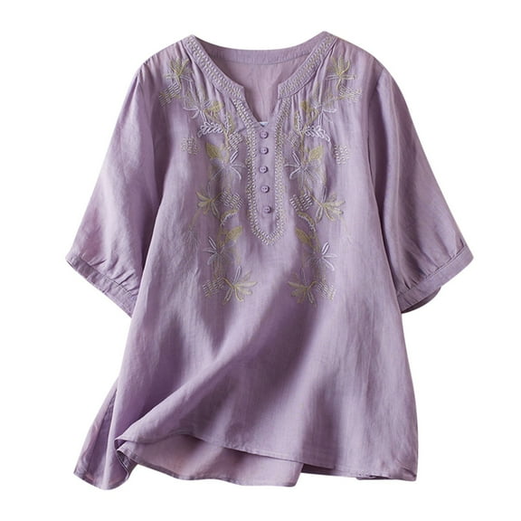Ruimatai V-Neck Summer Tops for Women Short Sleeve Womens Printing Casual Loose Fashion T-Shirt Button Tops Cotton And Linen Blouse
