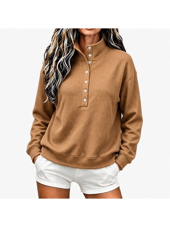 Waffle Knit Henley Tops for Women Stand Collar Long Sleeve Solid Pullover Tops Casual Fall Shirts