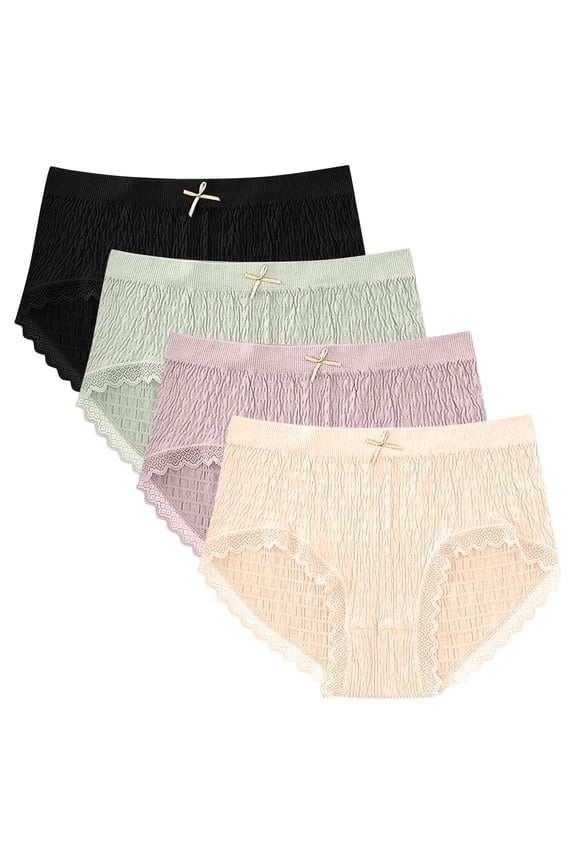 Women 4-Pack Seamless Bubble Panties Mid Rise Lace Trim Comfortable Breathable Modal Fabric Hip Lift Underwear