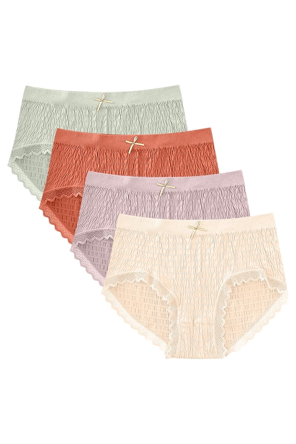 Women 4-Pack Seamless Bubble Panties Mid Rise Modal Lace Trim Comfortable Breathable Hip Lift Underwear