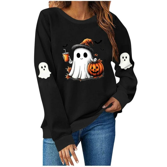 Ruimatai Women Adult Halloween Printed Long Sleeve T-Shirt Casual Loose Fit Round Neck Soft Polyester Top