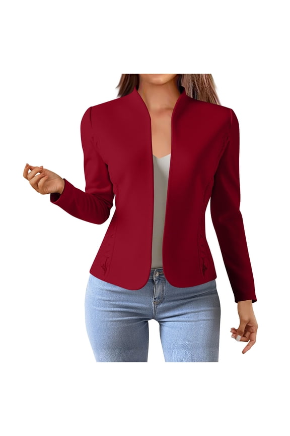 Women Blazer Casual Long Sleeve Solid Crop Jacket Polyester Lace Trim Office Work Tops