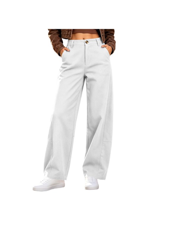 Women Button Zipper Fly Wide Leg Pants Solid Casual Trousers With Pockets