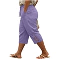 thumbnail image 1 of Ruimatai Women Capri Cropped Pants High Waist Drawstring Elastic Waistband Lace Cutout Pockets Loose Fit Casual Summer Trousers, 1 of 5