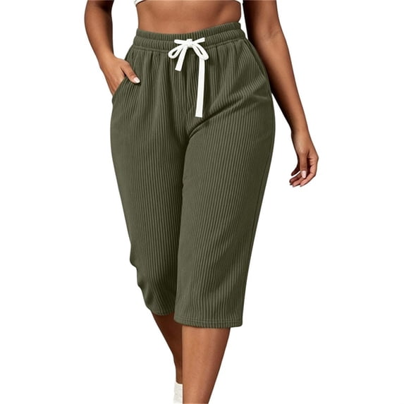 Ruimatai Women Capri Cropped Pants High Waist Drawstring Elastic Waistband Side Pockets Ribbed Textured Loose Casual Summer Trousers