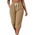 thumbnail image 1 of Ruimatai Women Capri Cropped Pants High Waist Drawstring Elastic Waistband Side Pockets Ribbed Textured Loose Casual Summer Trousers, 1 of 9
