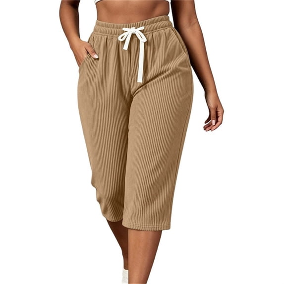 Ruimatai Women Capri Cropped Pants High Waist Drawstring Elastic Waistband Side Pockets Ribbed Textured Loose Casual Summer Trousers