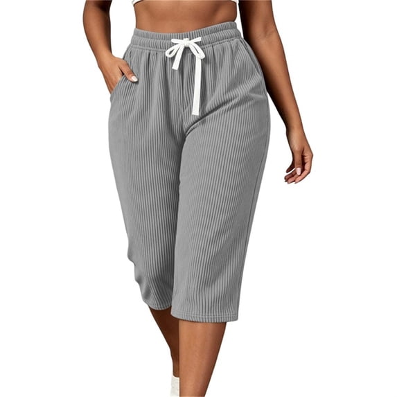 Ruimatai Women Capri Cropped Pants High Waist Drawstring Elastic Waistband Side Pockets Ribbed Textured Loose Casual Summer Trousers