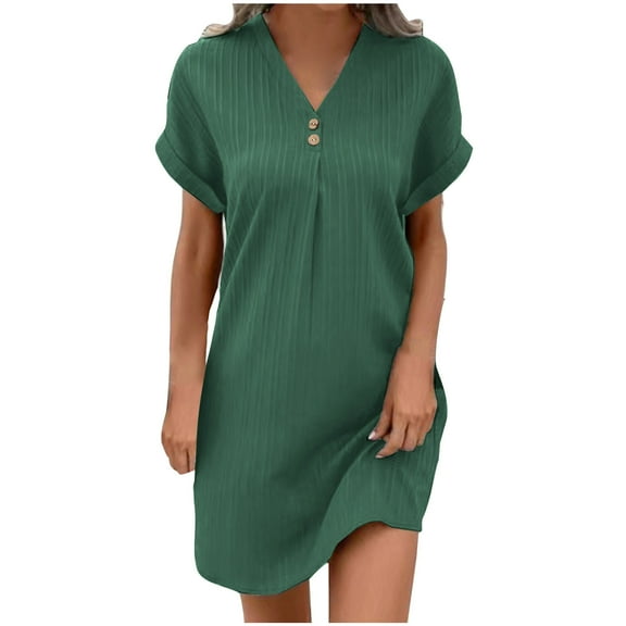 Ruimatai Women Casual Dress Short Sleeve Solid Neck Split Hem Strap Dress with Pockets Comfortable Stylish Summer Outfit