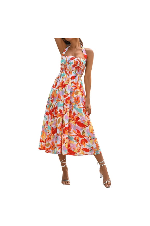 Women Casual Flax A-Line Skirt Dress Summer Elastic Waist Stylish Comfortable Beach Party Street Wear S-XXL