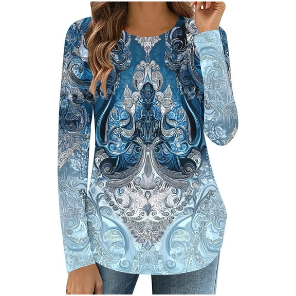 Ruimatai Women Casual Loose Round Neck Long Sleeve Printed T-Shirt Top Stylish Comfortable Polyester Blouse Spring Summer Fashion