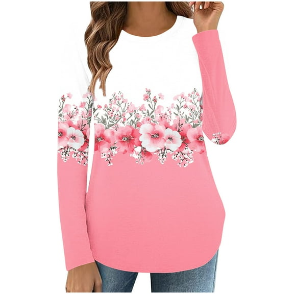 Ruimatai Women Casual Loose Round Neck Long Sleeve Printed T-Shirt Top Stylish Comfortable Polyester Blouse Spring Summer Fashion