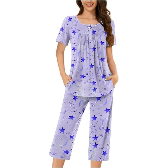 Ruimatai Women Casual Loose Short Sleeve Pajama Set with Pockets, Stylish Button Down Blouse & Comfortable Pants, 100% Polyester, Spring Summer Outfit