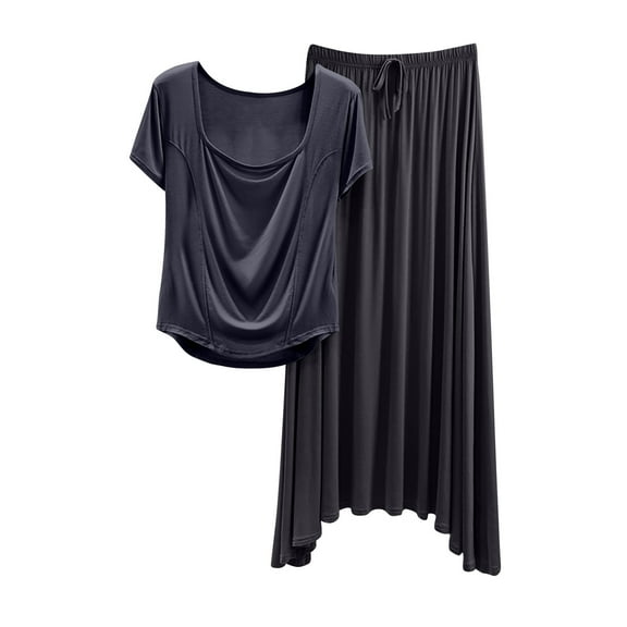Ruimatai Women Casual Square Neck Short Sleeve Skirt Set Loose Comfortable Polyester Two-Piece Outfit Home Work Wear Medium Large XL XXL