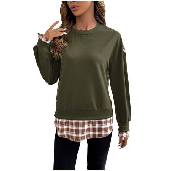 Ruimatai Women Casual Thin Plaid Splicing Round Neck Long Sleeve Pullover Top Olive Polyester Fashion Oversized Comfortable Shirt
