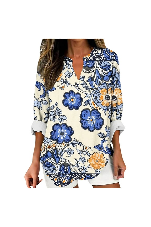 Women Casual V-Neck Long Sleeve T-Shirt Soft Comfortable Loose Fit Printed Blouse Tops for Daily Wear Home Office Travel