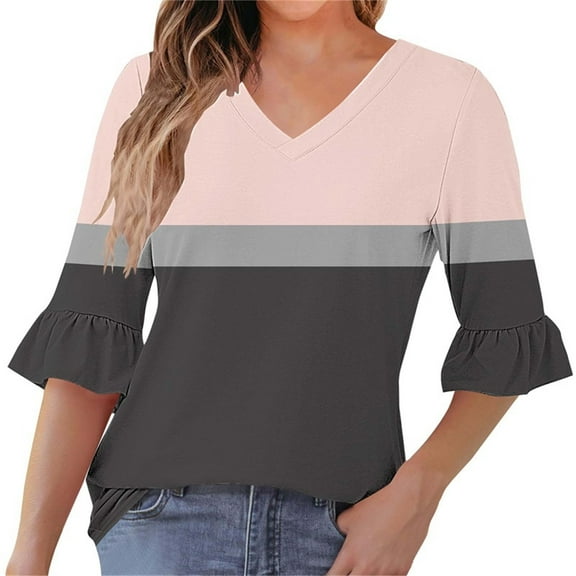 Ruimatai Women Casual V-Neck Ruffle Blouse Printed Quarter Sleeve Tops Comfortable Elastic Waist Flowy Summer Beach Tunic