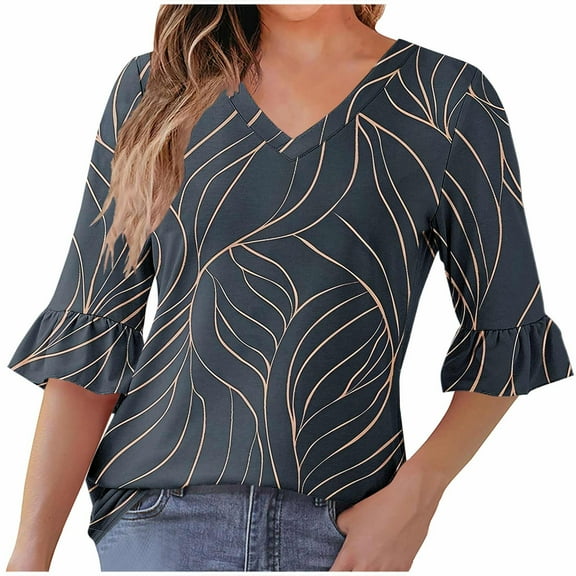 Ruimatai Women Casual V-Neck Ruffle Blouse Printed Quarter Sleeve Tops Comfortable Stretchy Flowy Summer Beach Tunic Shirt
