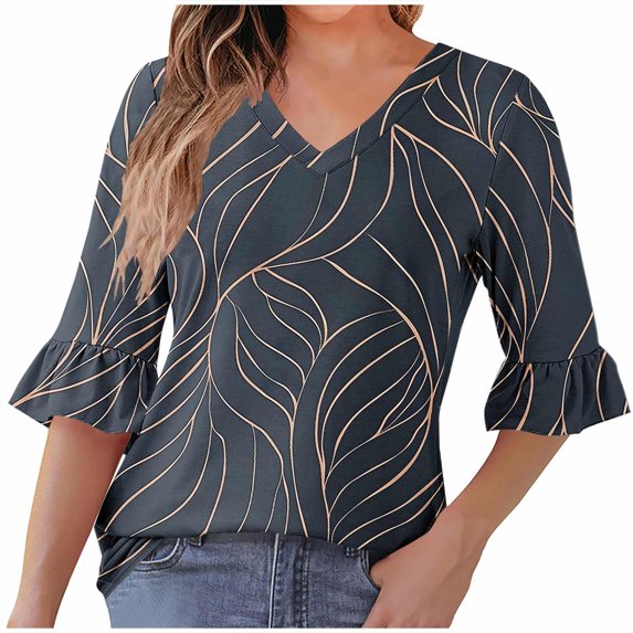 Ruimatai Women Casual V-Neck Ruffle Blouse Printed Quarter Sleeve Tops Comfortable Stretchy Flowy Summer Beach Tunic Shirt