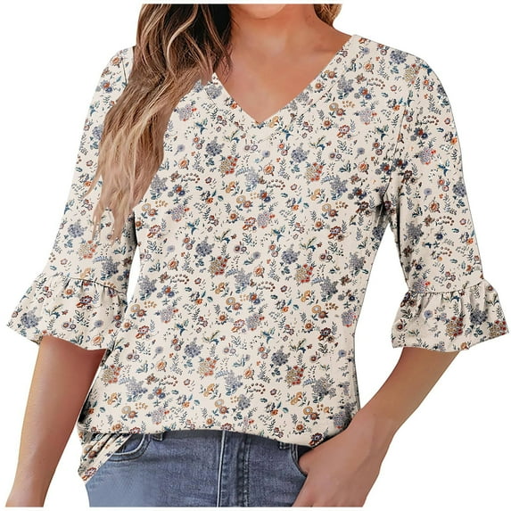 Ruimatai Women Casual V-Neck Ruffle Blouse Printed Quarter Sleeve Tops Comfortable Stretchy Flowy Summer Beach Tunic Shirt