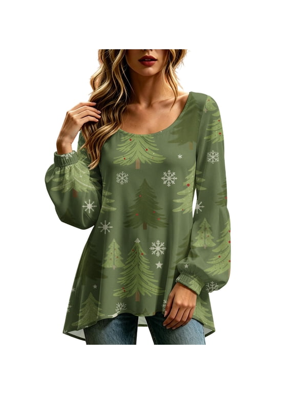 Women Christmas Print Long Sleeve Tops Scoop Neck Lantern Sleeve Loose Casual Holiday Tunic Blouses