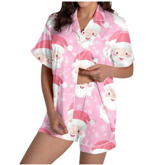 Ruimatai Women Christmas Print Pajama Set Short Sleeve Button Down Top with Shorts Soft Polyester Casual Loungewear Homewear
