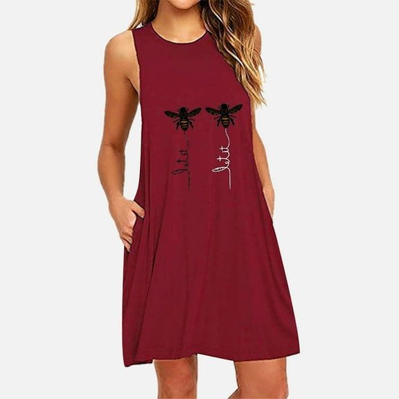 Ruimatai Women Dress Summer Fashion Womens O-Neck Pocket Printing Sleeveless Casual Nightdress Dresses