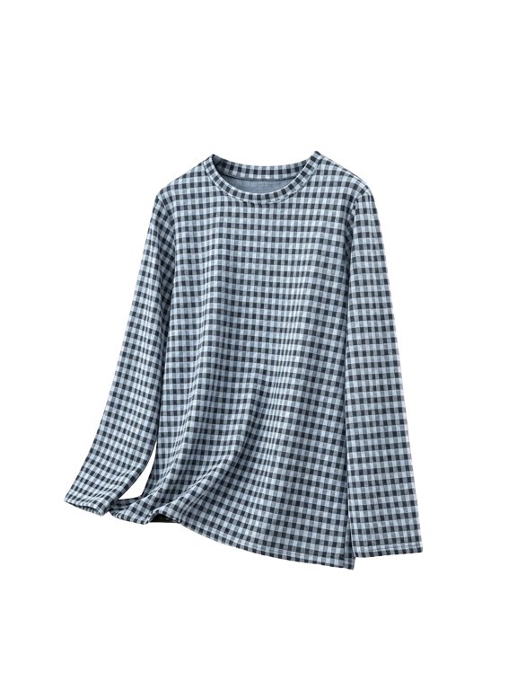 Women Gingham Print Crewneck Long Sleeve Thermal Base Layer Tops Loose Fit Soft Stretch Knit Casual Pullover Shirts