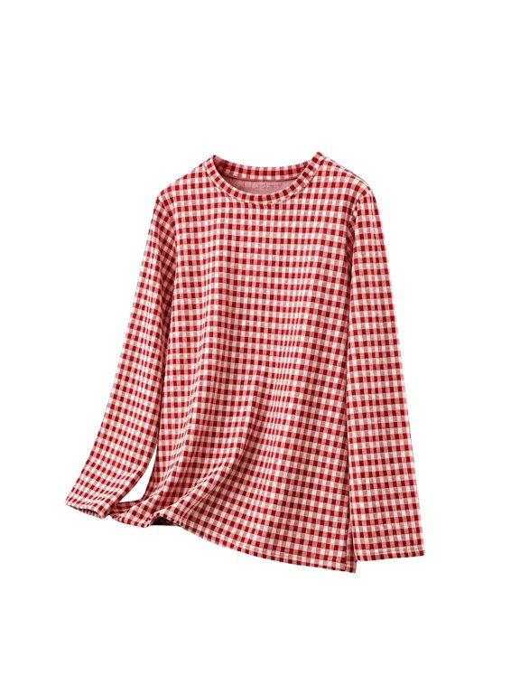 Women Gingham Print Crewneck Long Sleeve Thermal Base Layer Tops Loose Fit Soft Stretch Knit Casual Pullover Shirts