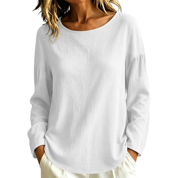 Ruimatai Women Long Sleeve Blouse Crew Neck Pleated Loose Fit Pullover Top