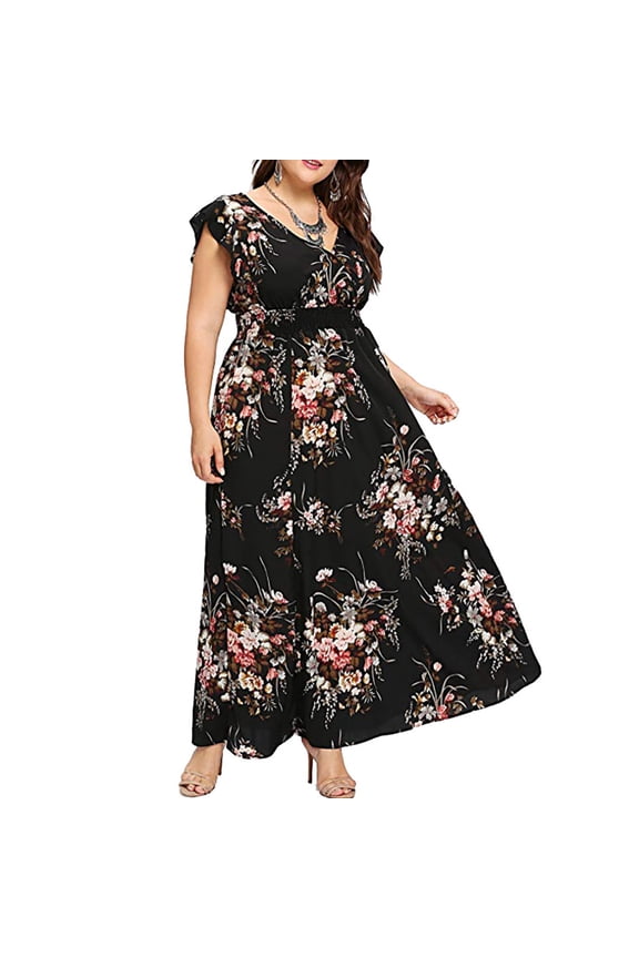 Women Plus Size Floral Print V Neck Sleeveless Maxi Dress Boho Summer Beach Party Casual Comfortable Chiffon Dress