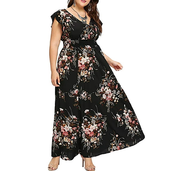 Ruimatai Women Plus Size Floral Print V Neck Sleeveless Maxi Dress Boho Summer Beach Party Casual Comfortable Chiffon Dress