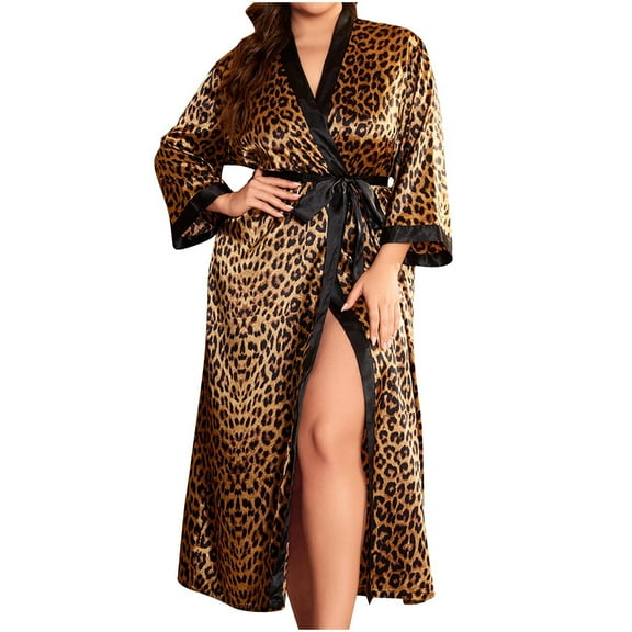 Ruimatai Women Plus Size Leopard Print Long Sleeve Pajama Dress Cardigan Robe Soft Loungewear V-Neck Home Outfit