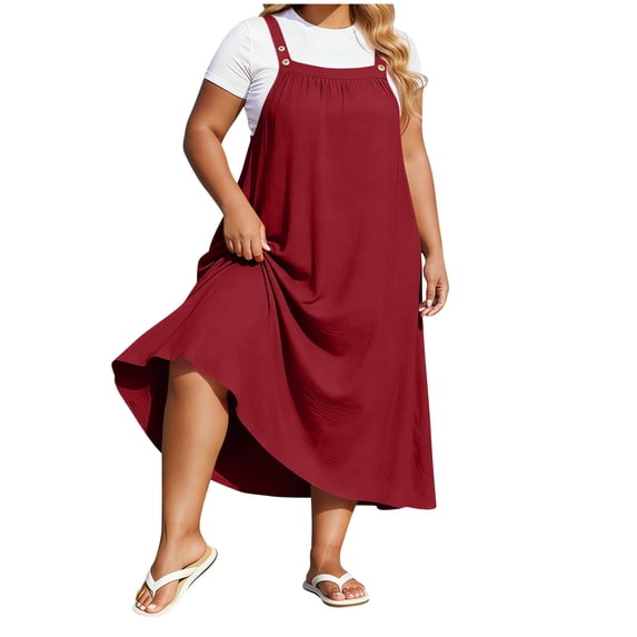 Ruimatai Women Plus Size Overall Dress Button Strap Pleated Loose Fit Casual Maxi Suspender Skirt for All Day Comfortable Daily Summer Wear