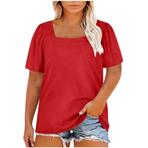 Ruimatai Women Plus Size Square Neck Puff Sleeve Blouse Casual Loose Fit Tunic Top for Daily Work