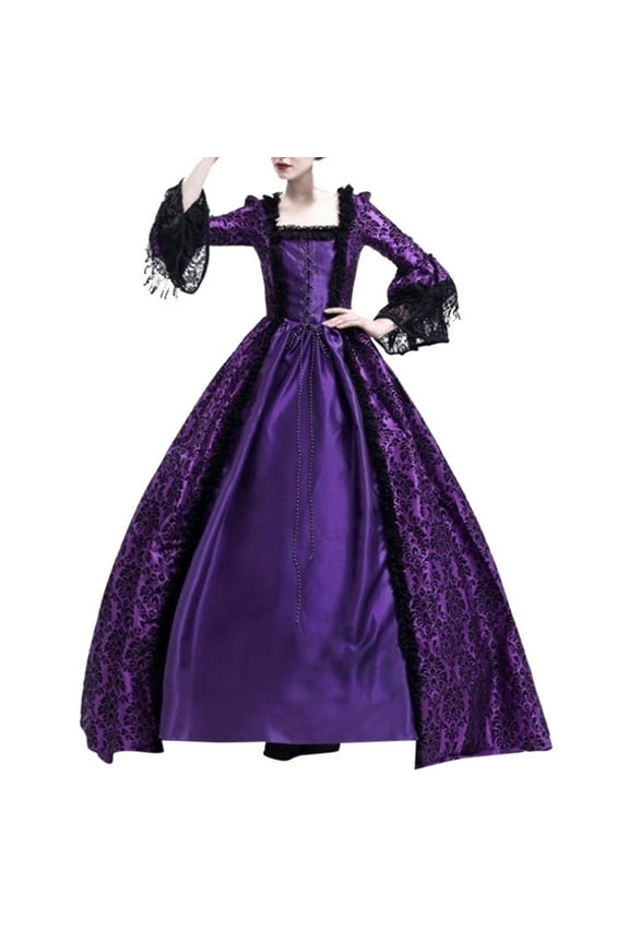 Women Princess Cosplay Dress Lace Floor Length Elegant Party Gown Sexy Long Sleeve Vintage Ball Gown Halloween Costume Prom Evening Wear