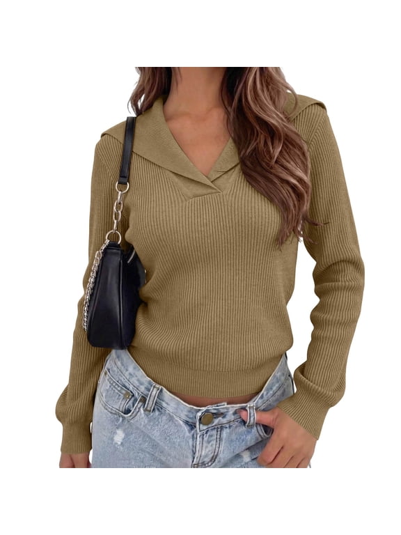 Women Solid Collared Long Sleeve Pullover Tops Fashion Ribbed Knit Shirts for Women