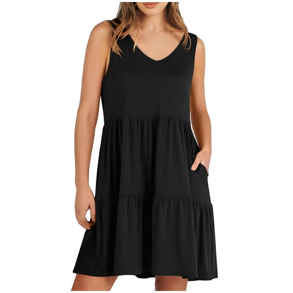 Ruimatai Women Summer V-Neck Sleeveless Mini Dress Casual Solid Pocket Dress Lightweight Soft Comfortable for Party Wedding Vacation