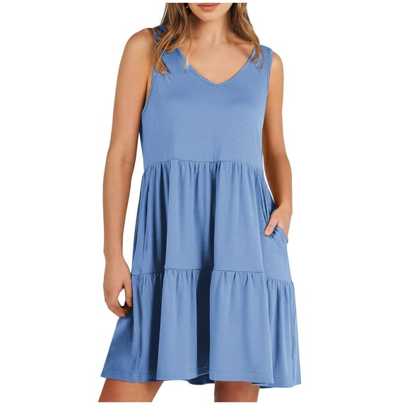 Ruimatai Women Summer V-Neck Sleeveless Mini Dress Casual Solid Pocket Dress Lightweight Soft Comfortable for Party Wedding Vacation