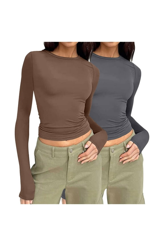 Women's 2PC Casual Round Neck Long Sleeve T-Shirt Set Soft Comfortable Stretchy Pullover Tops Solid Color Fashion Basic Tee